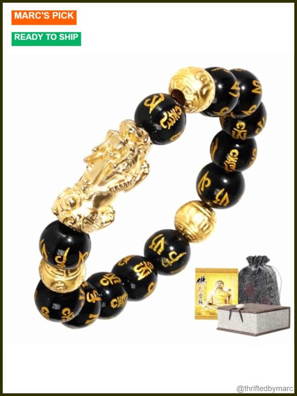 24K Gold Plated Pixiu Dragon Obsidian Bracelet Feng Shui Prayer Beads Wealth